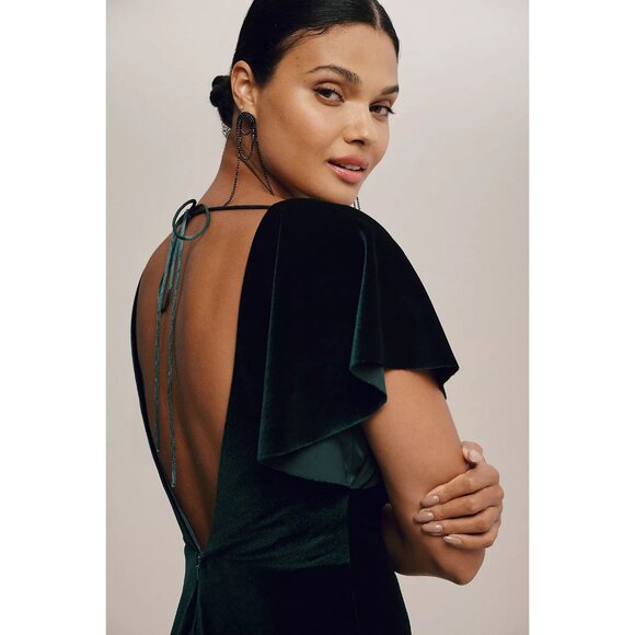 NWOT Jenny Yoo Ellis Flutter-Sleeve Open-Back Stretch Velvet Gown - Picture 4 of 8